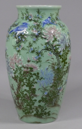 Ko-Seto Celadon with Painted Birds and Flowers Design