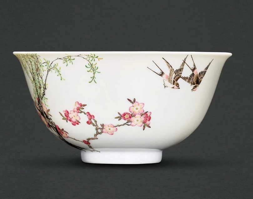 Imperial Fencai (Enamel) Bowl with Apricot Grove and Spring Swallows